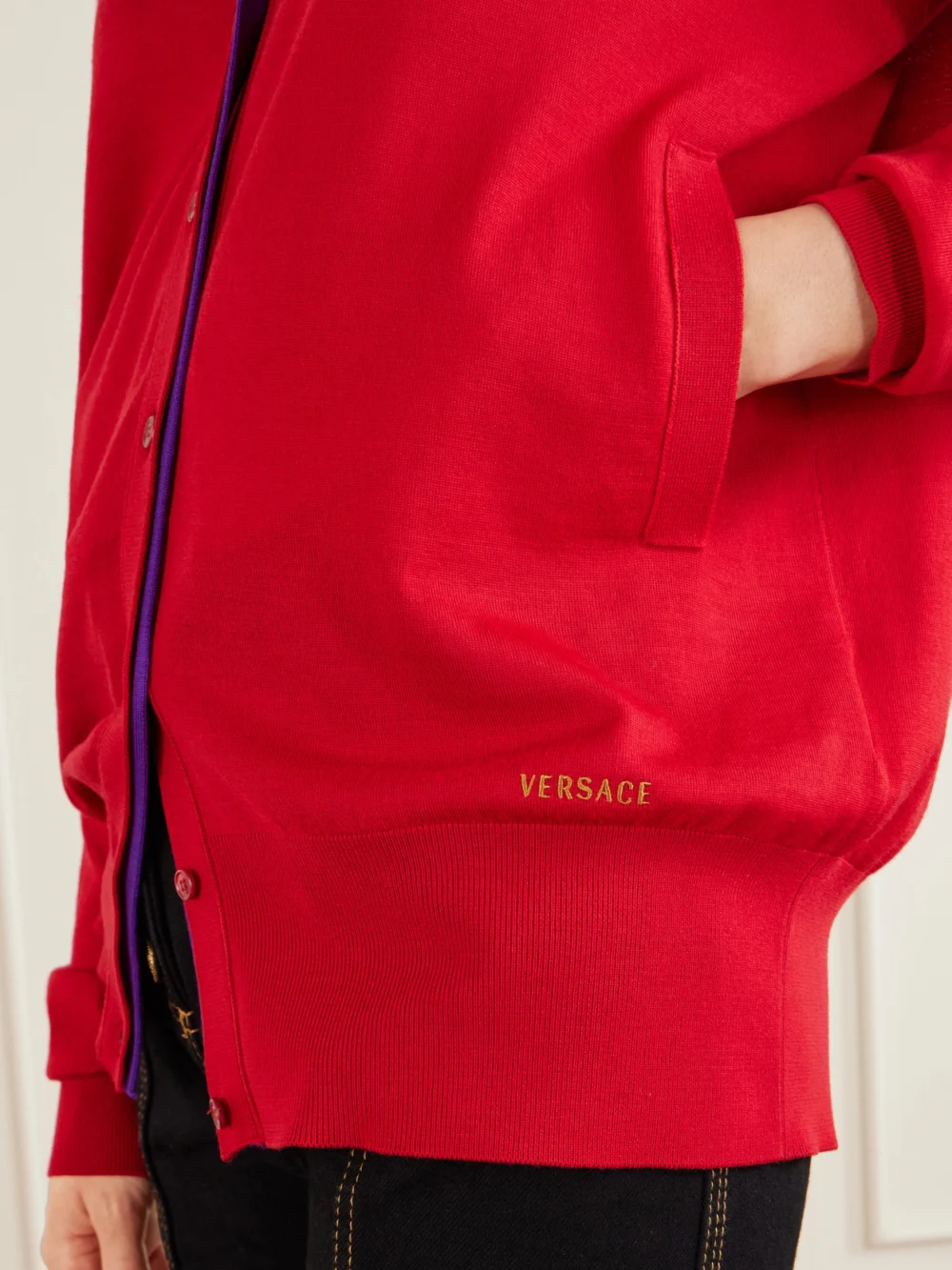 Close-up detail of the Versace Wool-blend Cardigan