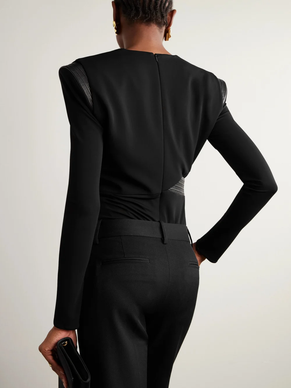 Back view of the Versace Wrap-effect Leather-trimmed Crepe-jersey Bodysuit