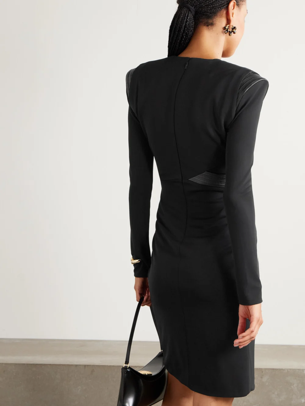 Back view of the Versace Wrap-effect Leather-trimmed Stretch-jersey Dress