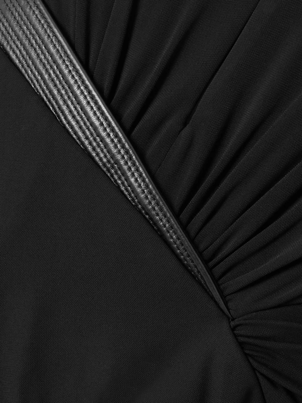 Close-up detail of the Versace Wrap-effect Leather-trimmed Stretch-jersey Dress