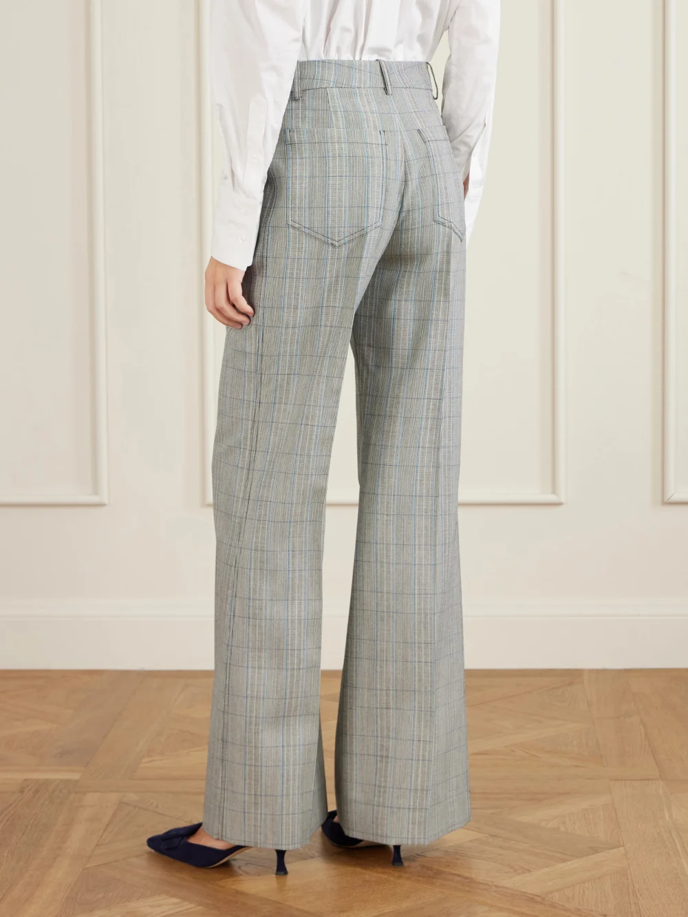 Back view of the Victoria Beckham Alina Checked Wool Wide-leg Pants