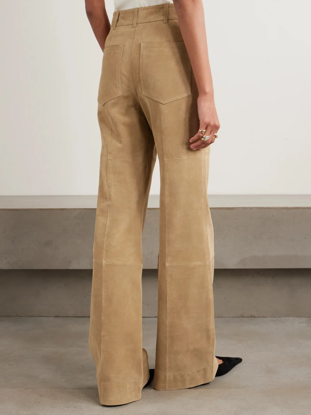 Back view of the Victoria Beckham Alina Suede Flared Pants