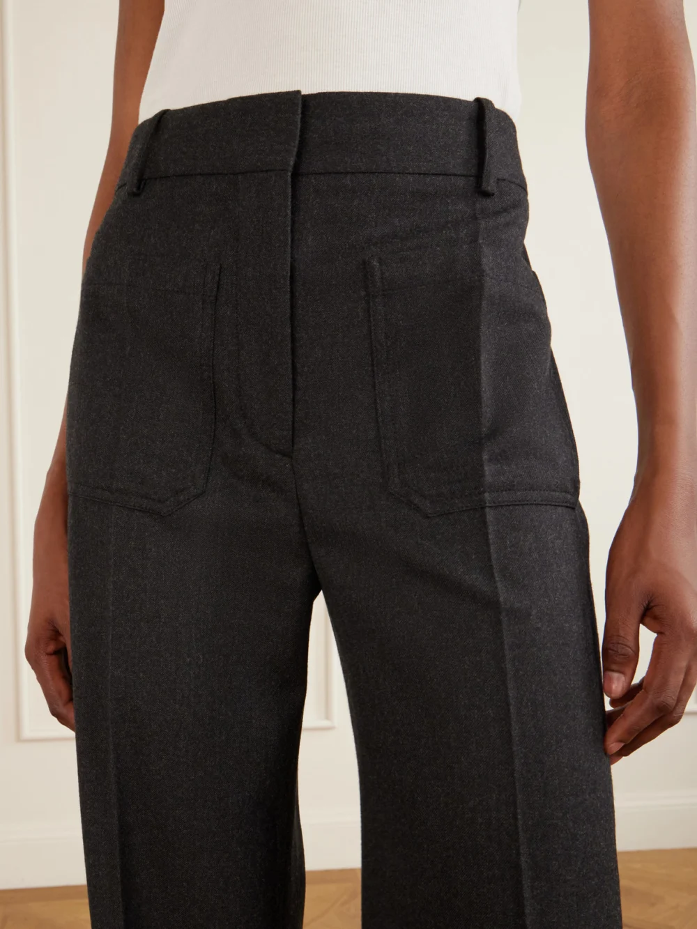 Close-up detail of the Victoria Beckham Alina Wide-leg Wool Pants