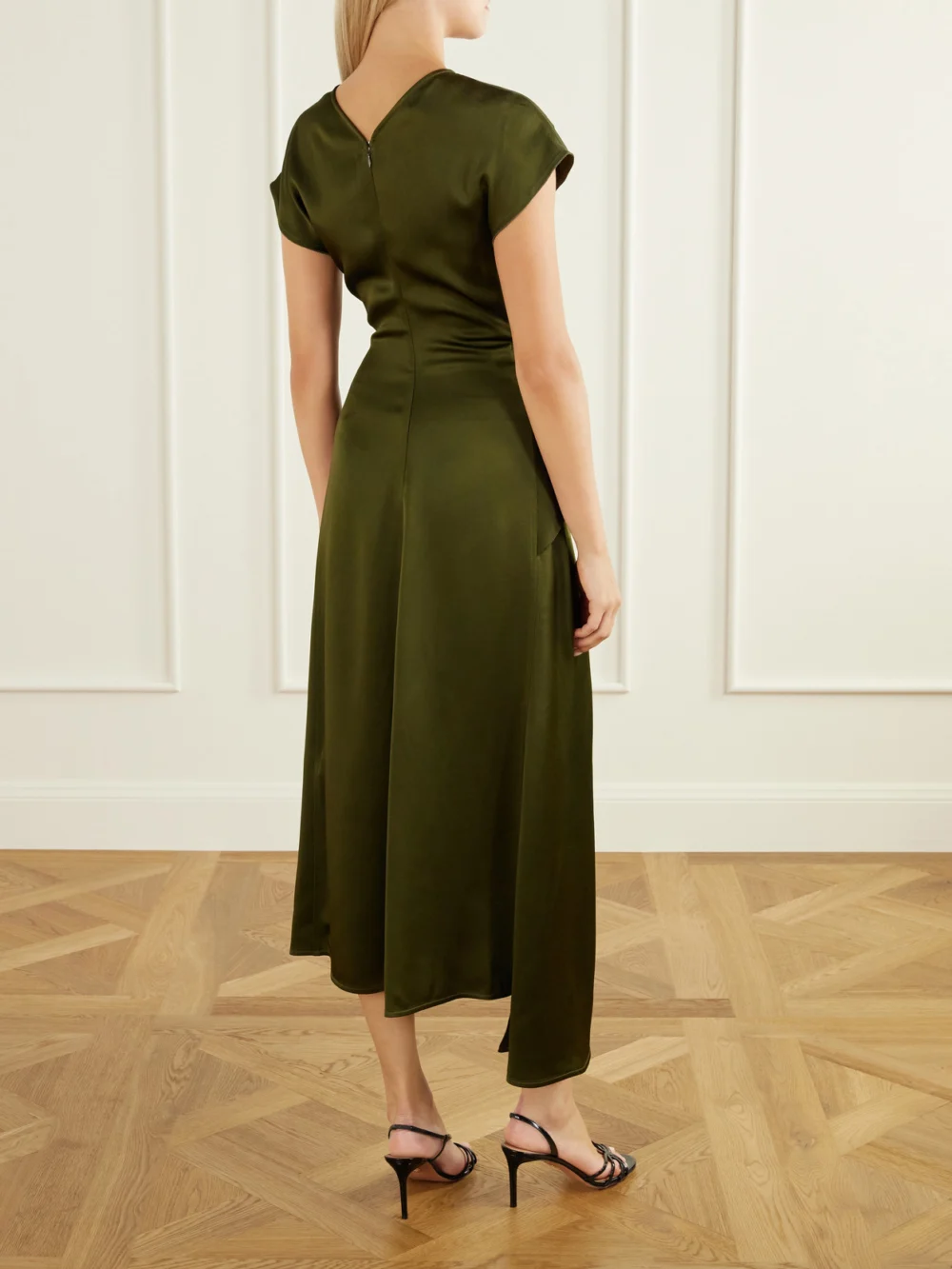 Back view of the Victoria Beckham Aria Draped Asymmetric Satin Midi Dress