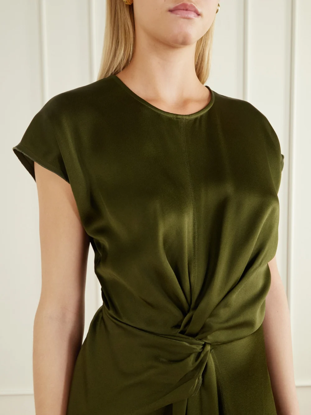 Close-up detail of the Victoria Beckham Aria Draped Asymmetric Satin Midi Dress