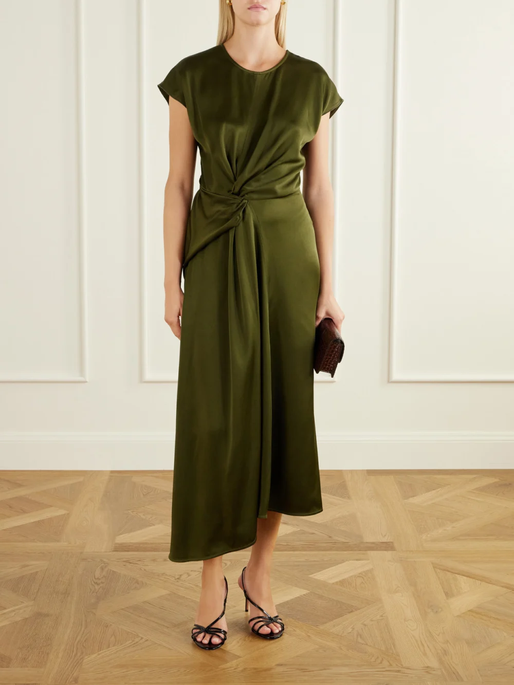 Victoria Beckham Aria Draped Asymmetric Satin Midi Dress, worn by a model