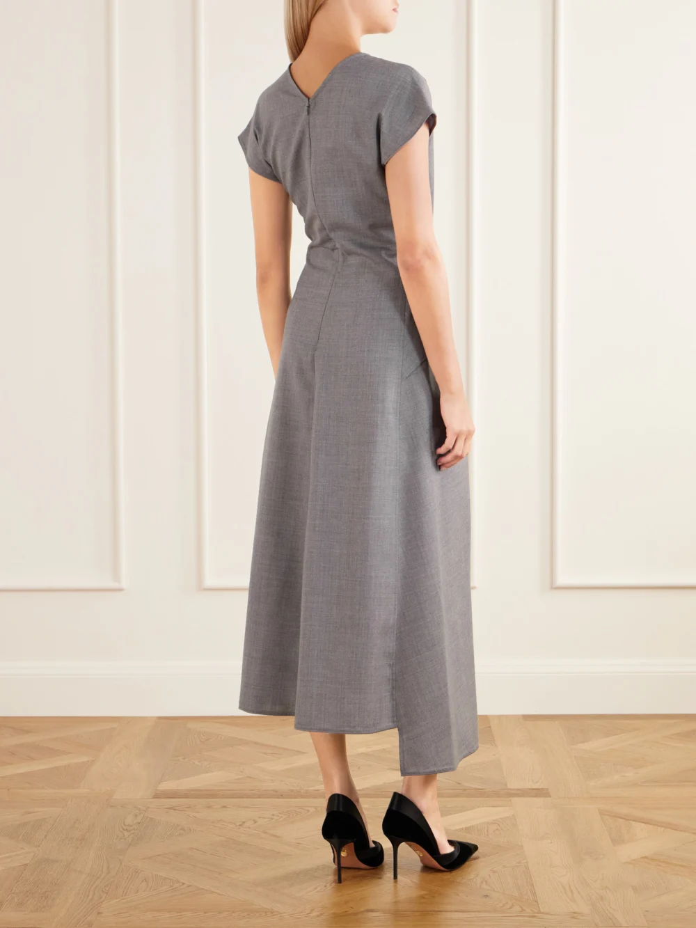 Back view of the Victoria Beckham Aria Gathered Wool Midi Dress