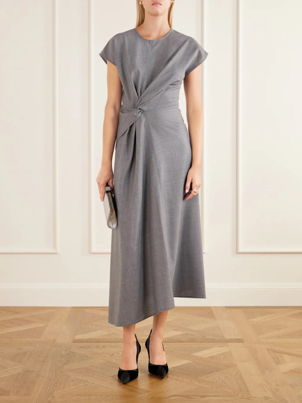 Victoria Beckham Aria Gathered Wool Midi Dress, worn by a model