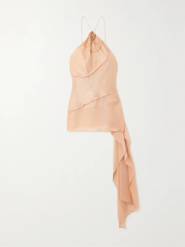 Victoria Beckham Asymmetric Appliquéd Metallic Chiffon Halterneck Top