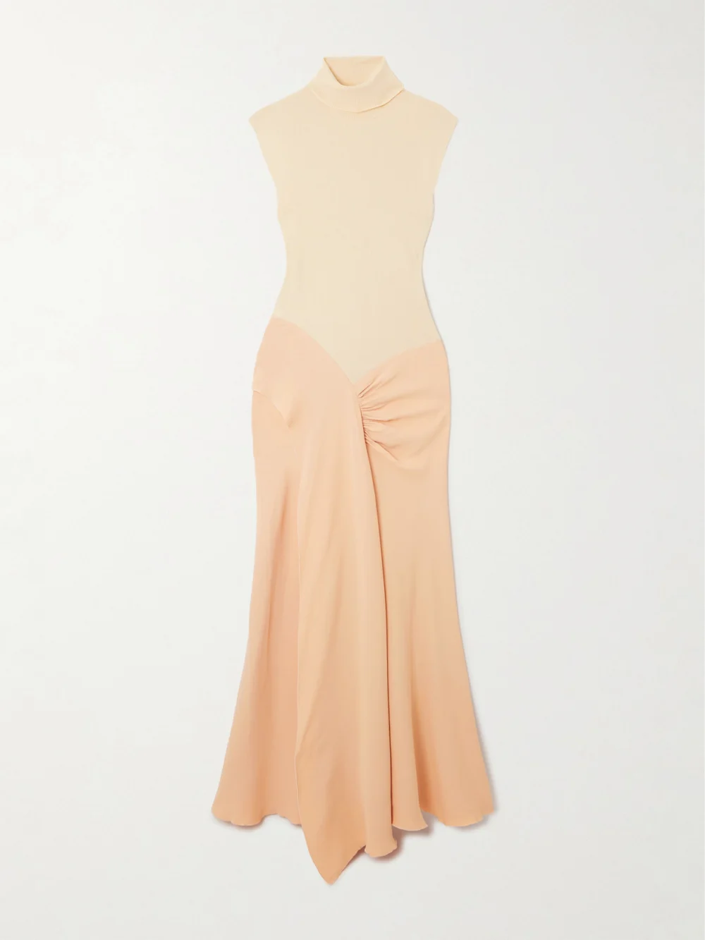 Victoria Beckham Asymmetric Draped Gathered Ribbed-knit and Crepe Midi Dress in peach