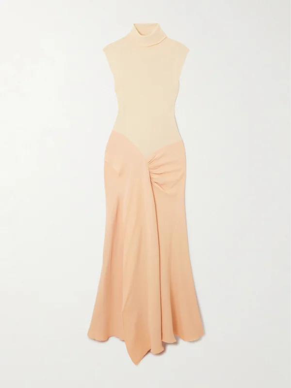 Victoria Beckham Asymmetric Draped Gathered Ribbed-knit and Crepe Midi Dress