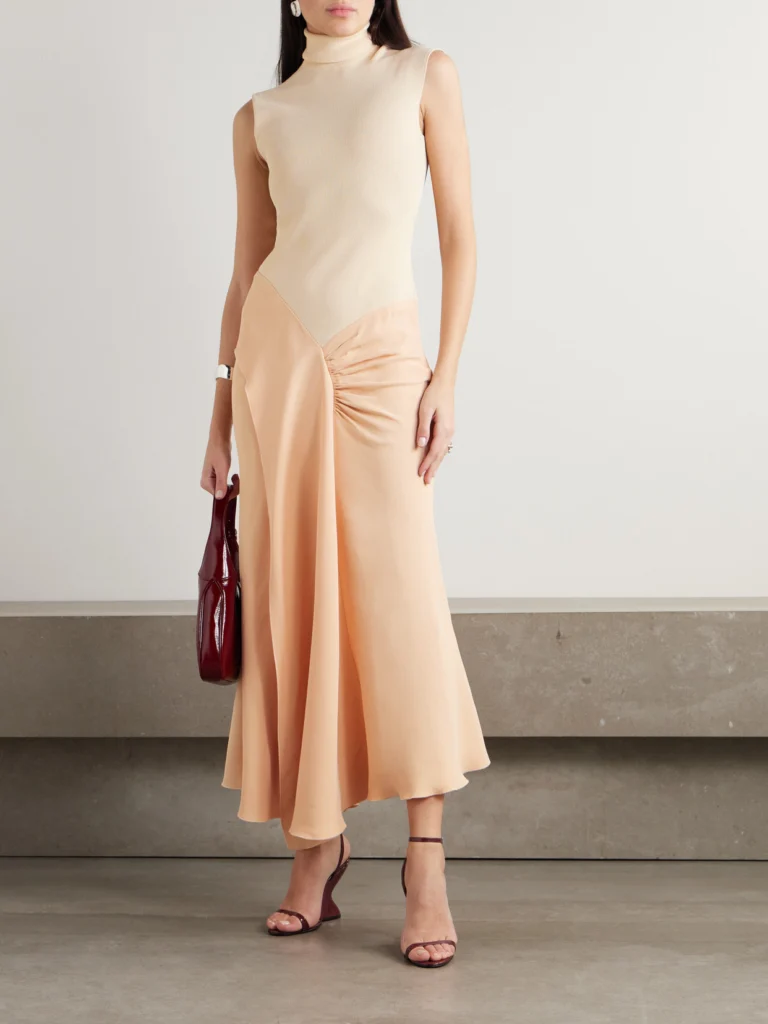 Victoria Beckham Asymmetric Draped Gathered Ribbed-knit and Crepe Midi Dress
