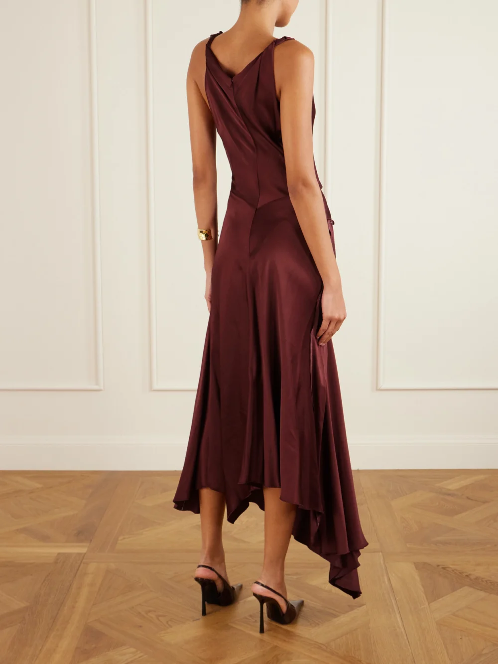 Back view of the Victoria Beckham Asymmetric Draped Gathered Satin-crepe Dress