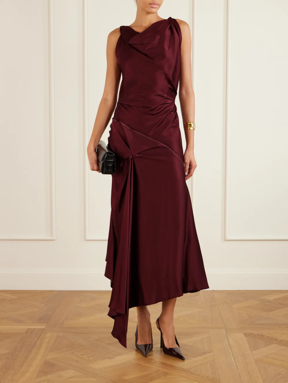 Victoria Beckham Asymmetric Draped Gathered Satin-crepe Dress, worn by a model