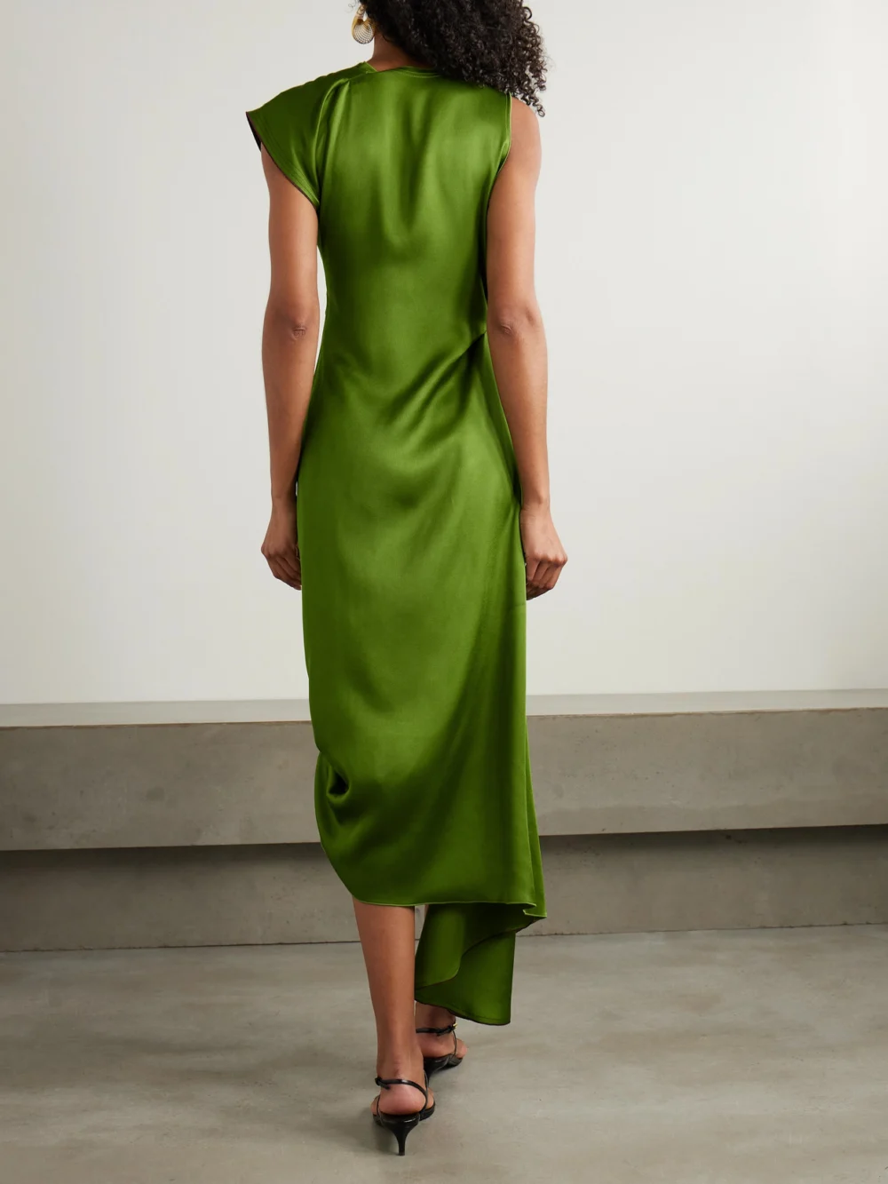Back view of the Victoria Beckham Asymmetric Draped Satin Midi Dress