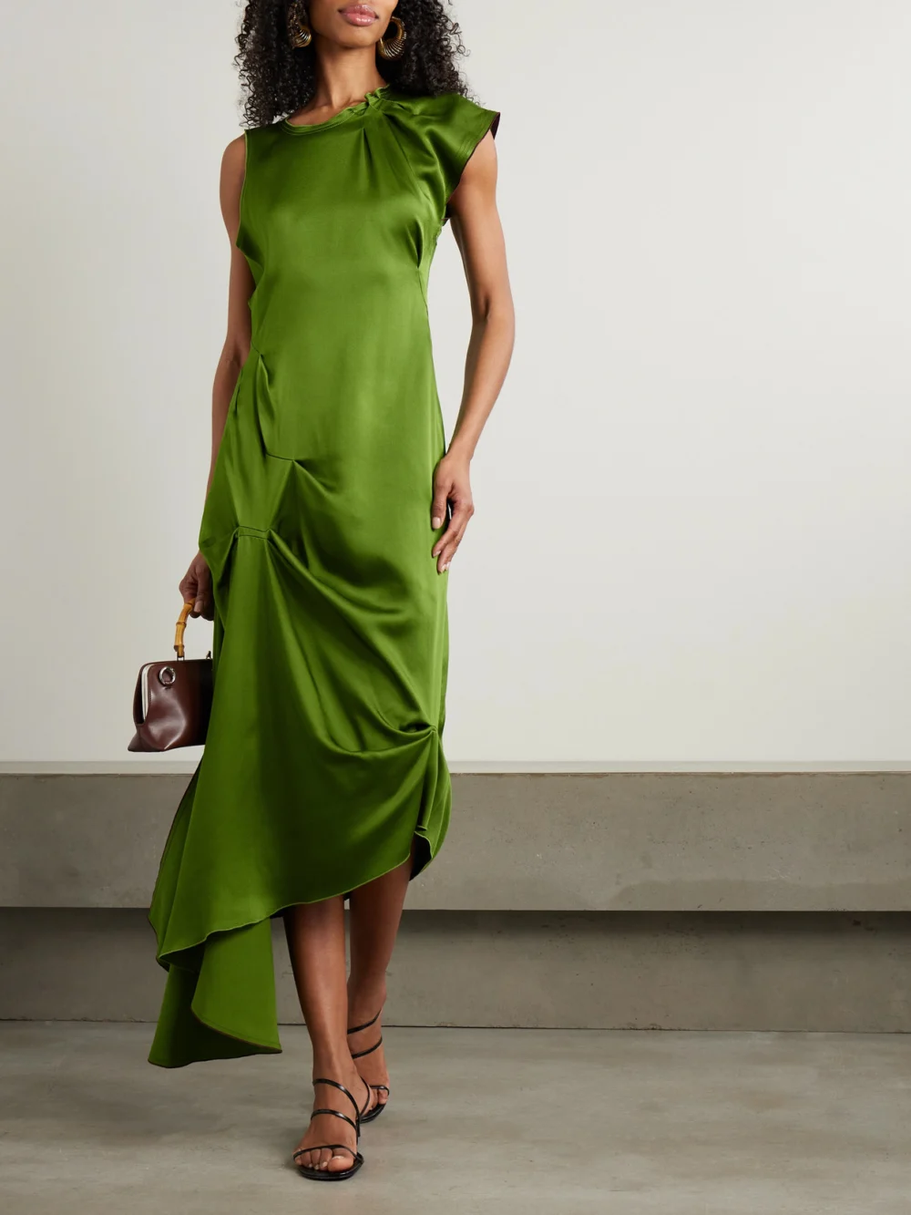 Victoria Beckham Asymmetric Draped Satin Midi Dress, worn by a model