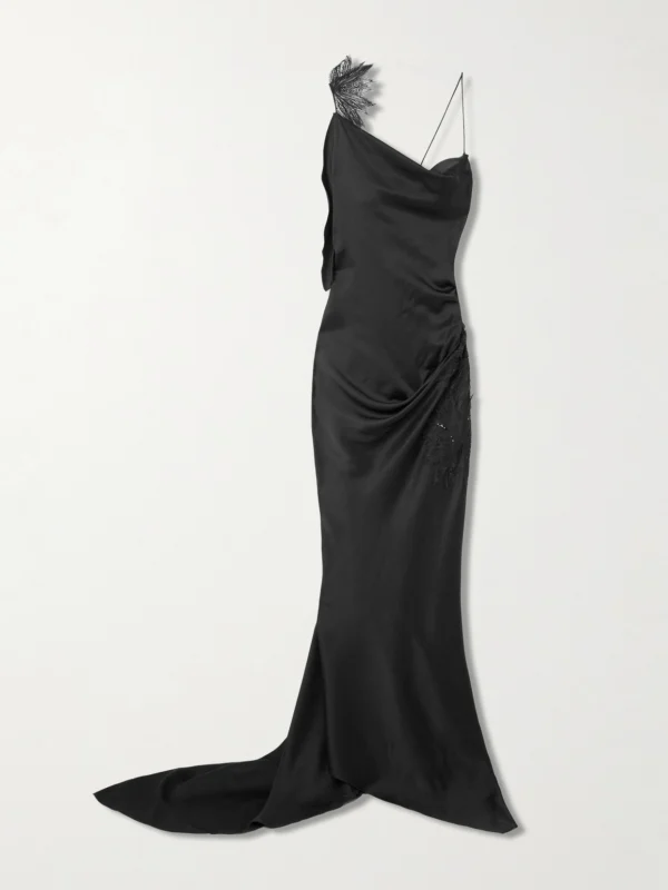 Victoria Beckham Asymmetric Draped Sequin-embellished Lace-trimmed Satin Gown