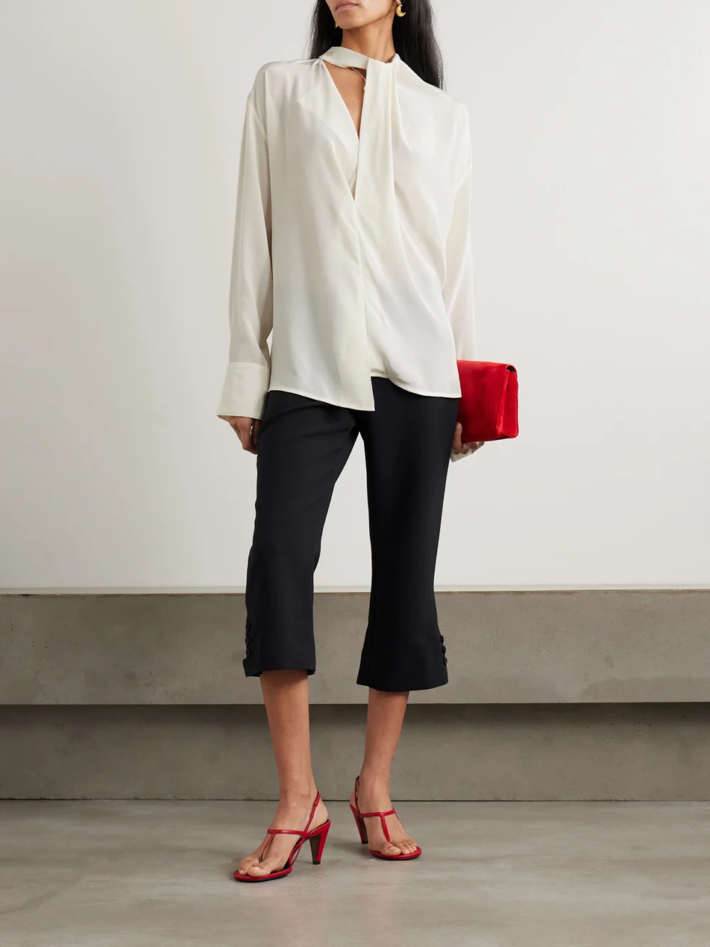Victoria Beckham Asymmetric Draped Silk Blouse, worn by a model