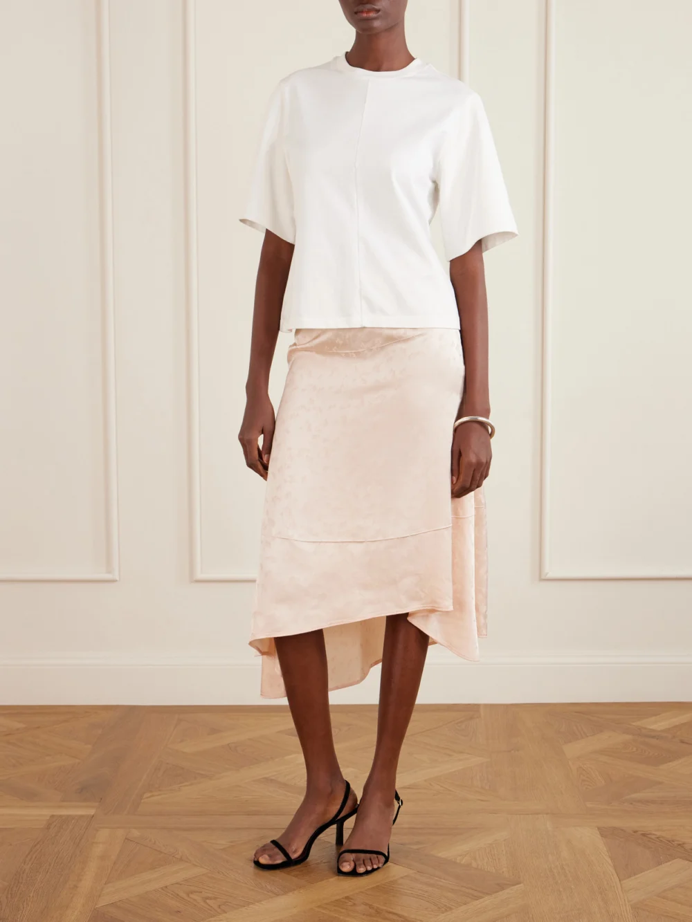 Victoria Beckham Asymmetric Floral-jacquard Satin Midi Skirt, worn by a model
