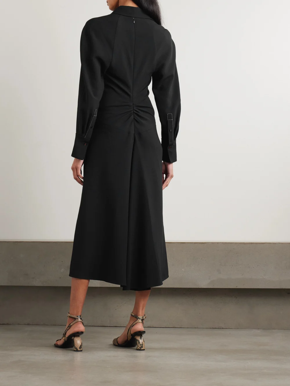 Back view of the Victoria Beckham Asymmetric Gathered Crepe Shirt Dress