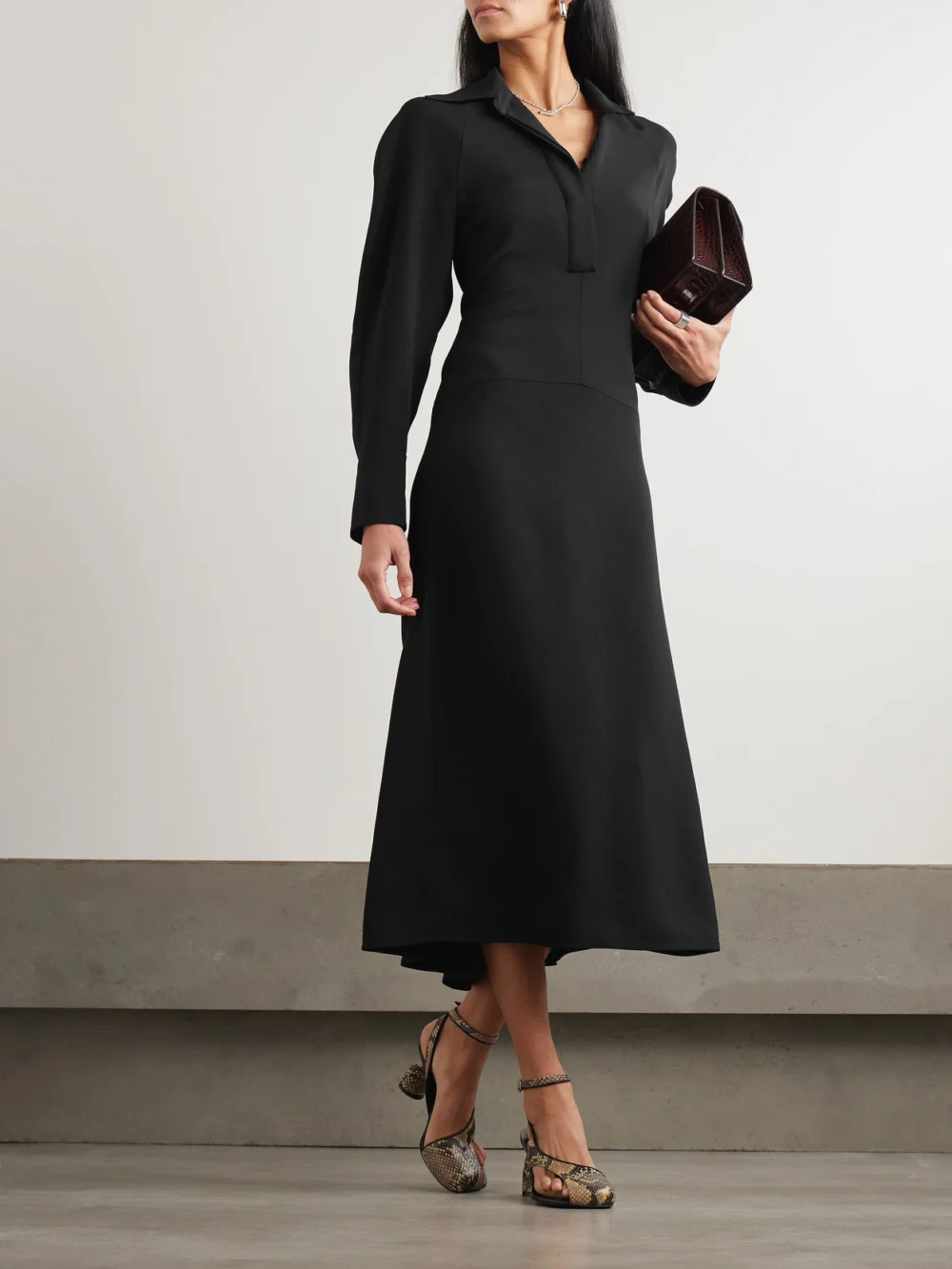 Victoria Beckham Asymmetric Gathered Crepe Shirt Dress, worn by a model
