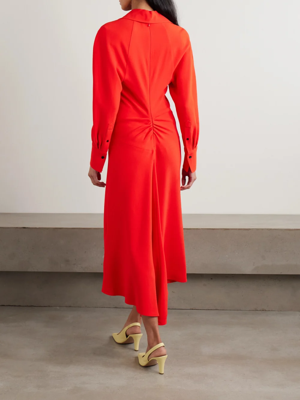 Back view of the Victoria Beckham Asymmetric Gathered Crepe Shirt Dress