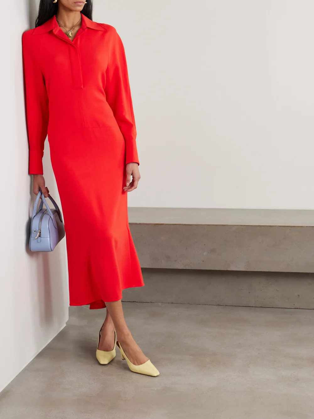 Victoria Beckham Asymmetric Gathered Crepe Shirt Dress, worn by a model