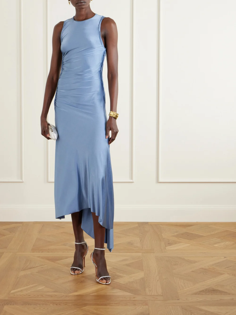 Victoria Beckham Asymmetric Gathered Satin-jersey Dress, worn by a model