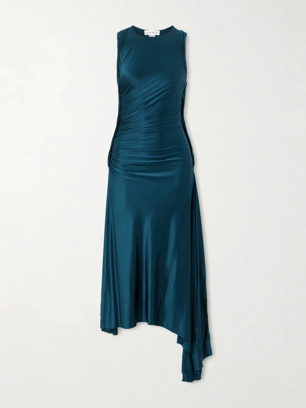 Victoria Beckham Asymmetric Gathered Satin-jersey Midi Dress in teal