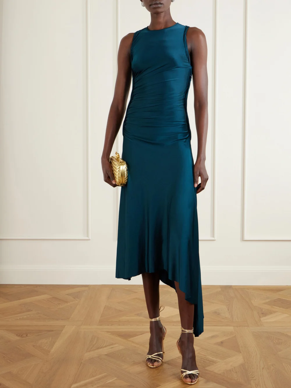 Victoria Beckham Asymmetric Gathered Satin-jersey Midi Dress, worn by a model