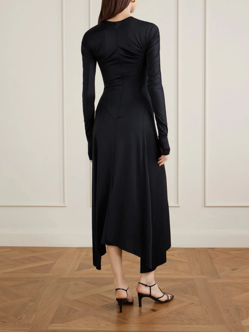 Back view of the Victoria Beckham Asymmetric Ruched Midi Dress