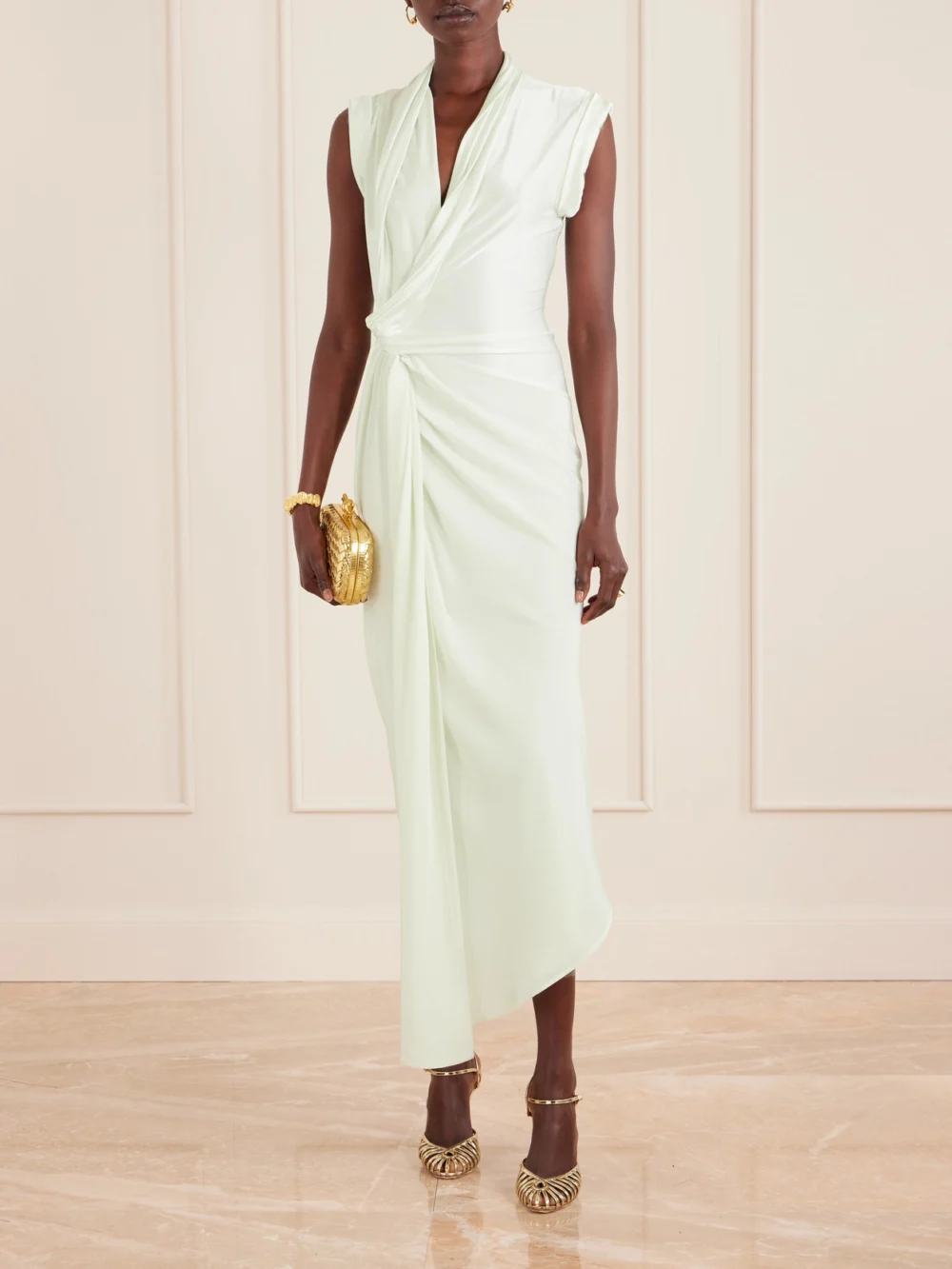 Victoria Beckham Asymmetric Twisted Satin Maxi Dress, worn by a model