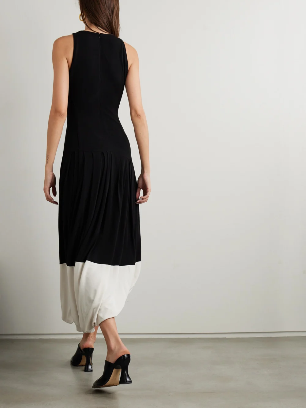Back view of the Victoria Beckham Asymmetric Two-tone Gathered Stretch-jersey Midi Dress
