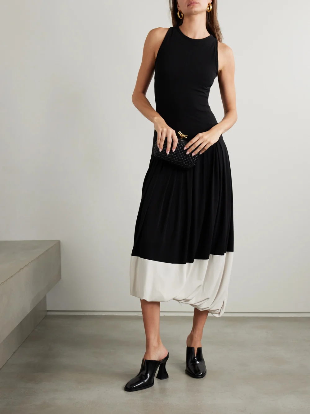 Victoria Beckham Asymmetric Two-tone Gathered Stretch-jersey Midi Dress, worn by a model