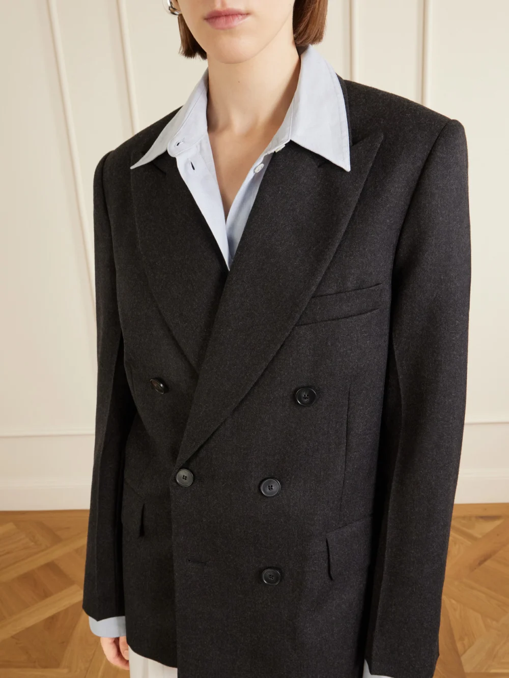 Close-up detail of the Victoria Beckham Beatrice Double-breasted Wool Blazer
