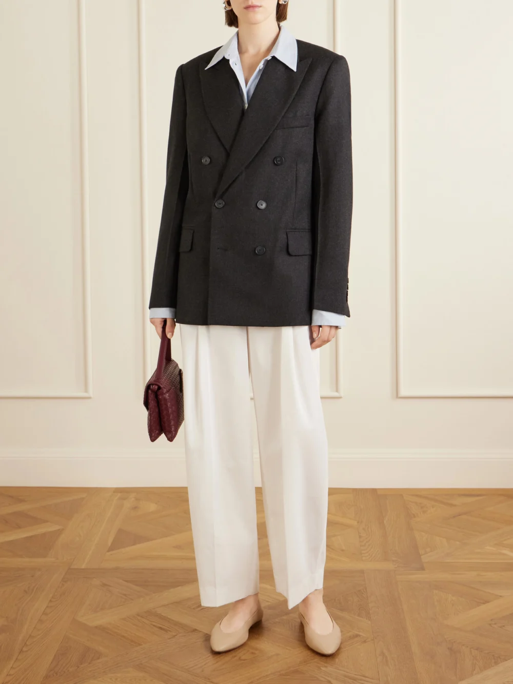 Victoria Beckham Beatrice Double-breasted Wool Blazer, worn by a model