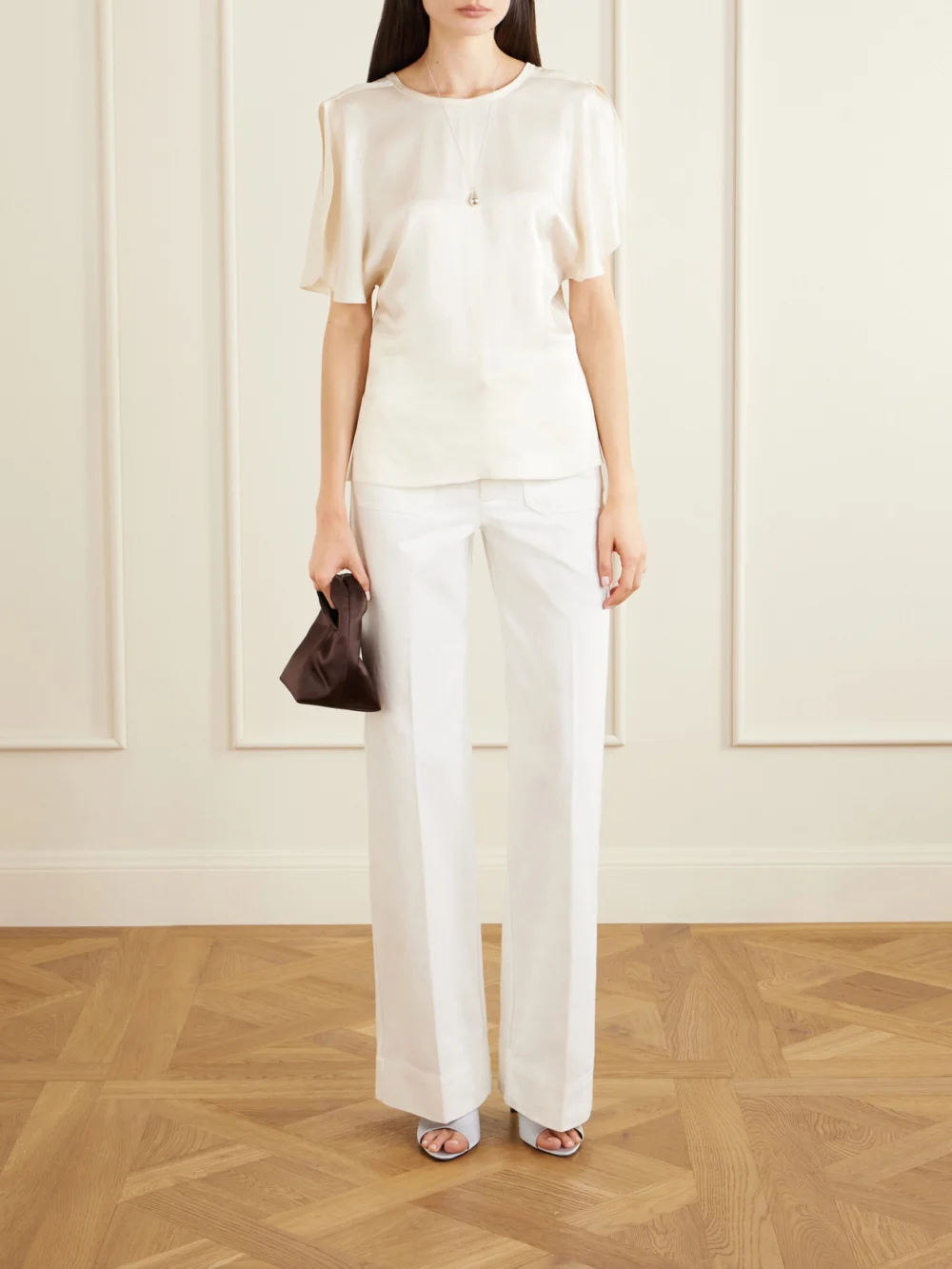 Victoria Beckham Bela Draped Satin Blouse, worn by a model