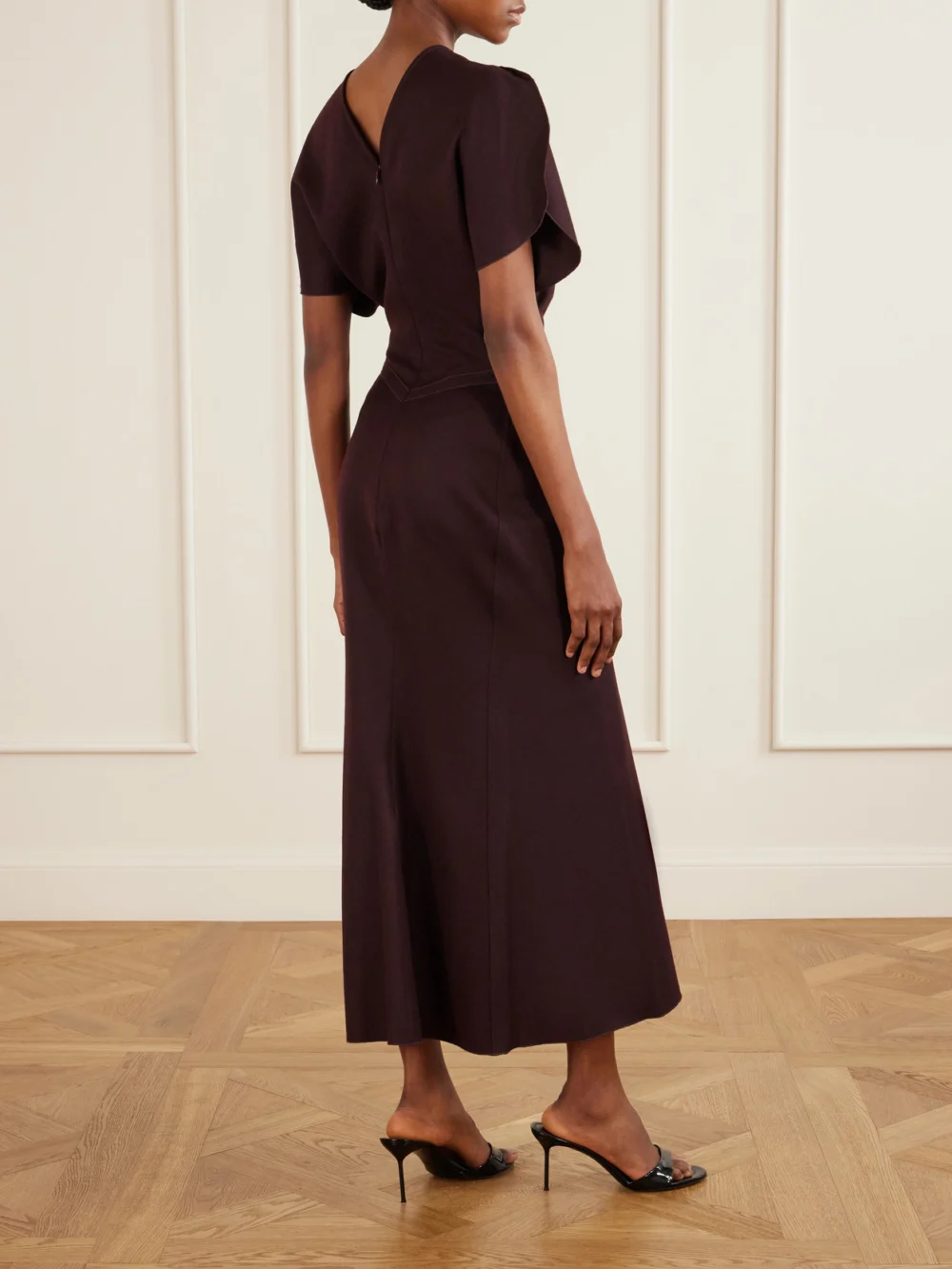 Back view of the Victoria Beckham Bela Draped Wool Midi Dress