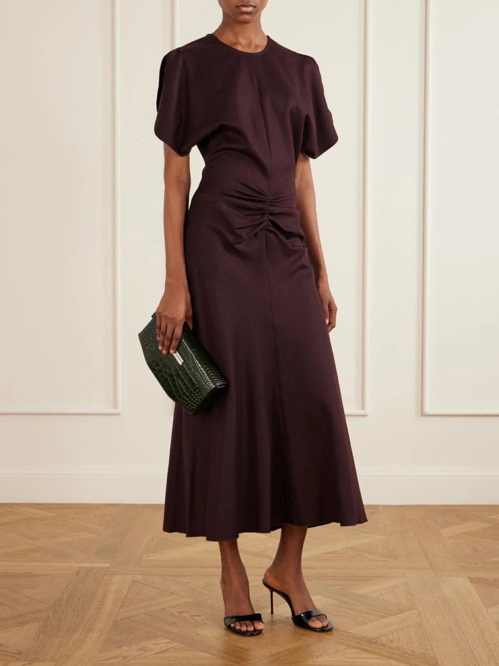 Victoria Beckham Bela Draped Wool Midi Dress, worn by a model