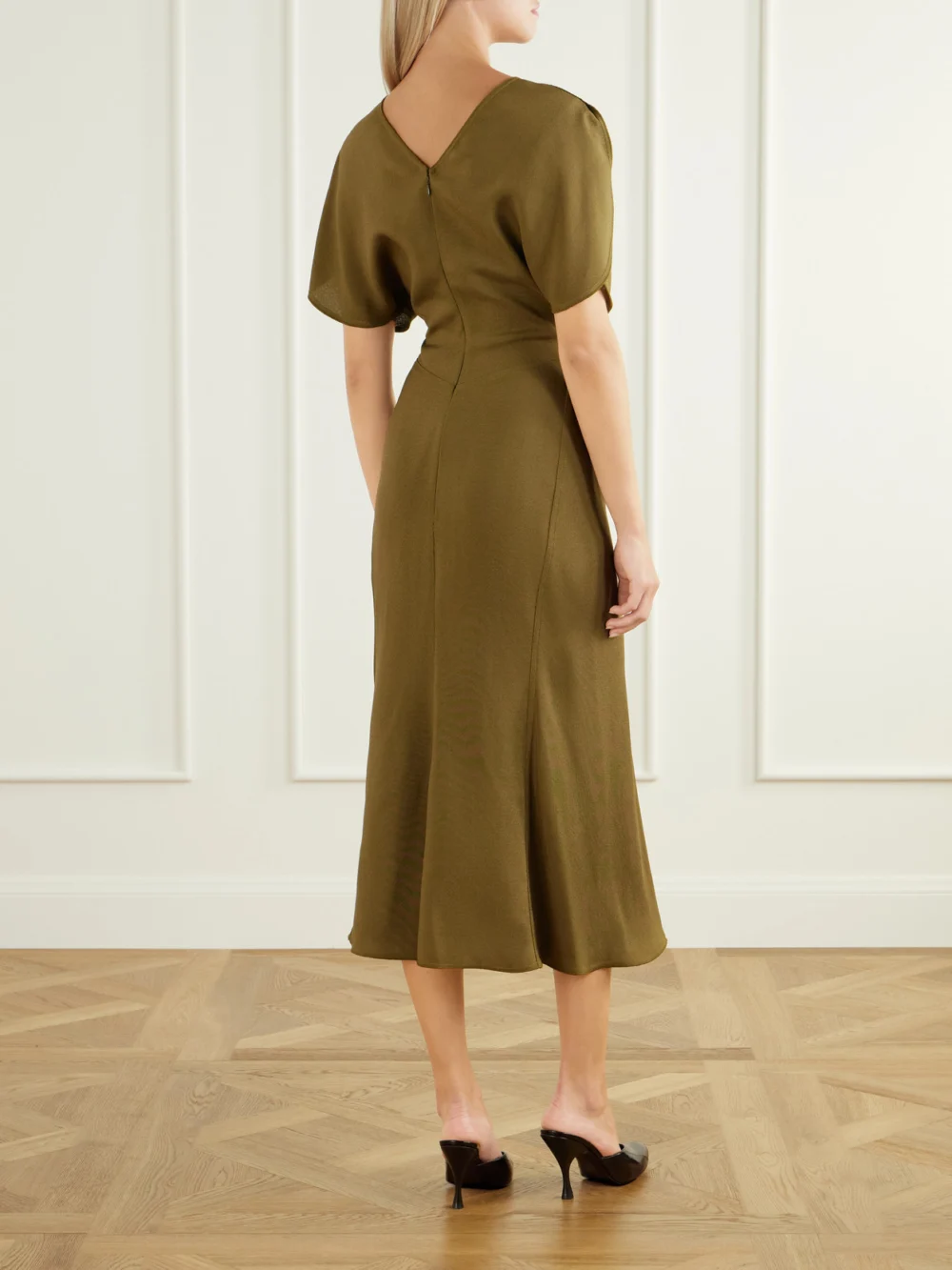 Back view of the Victoria Beckham Bela Gathered Midi Dress