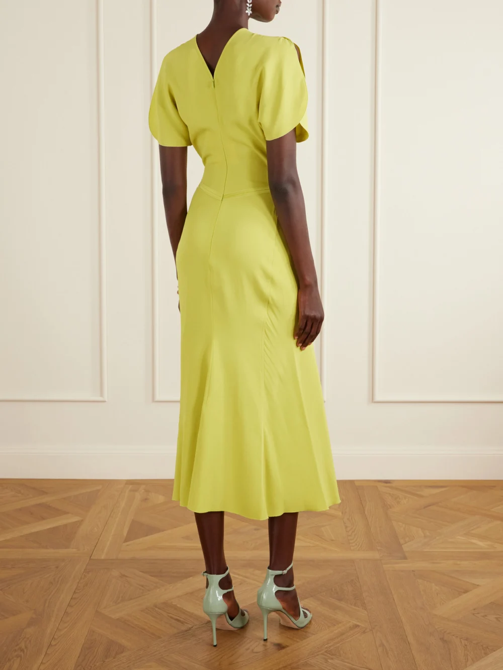 Back view of the Victoria Beckham Bela Gathered Satin Midi Dress