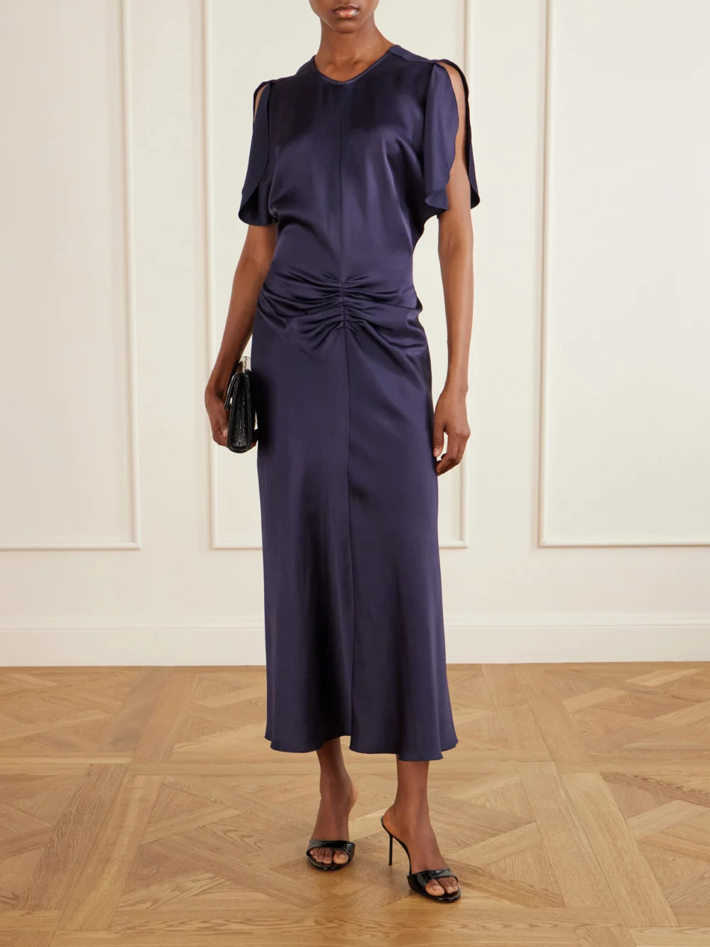 Victoria Beckham Bela Gathered Satin Midi Dress, worn by a model