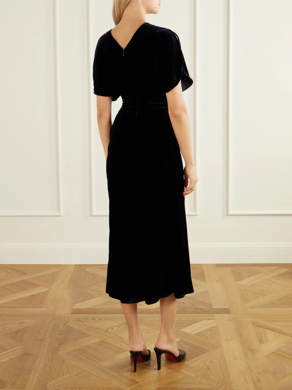 Back view of the Victoria Beckham Bela Gathered Velvet Midi Dress
