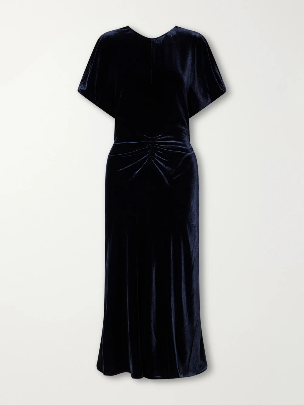 Victoria Beckham Bela Gathered Velvet Midi Dress in navy