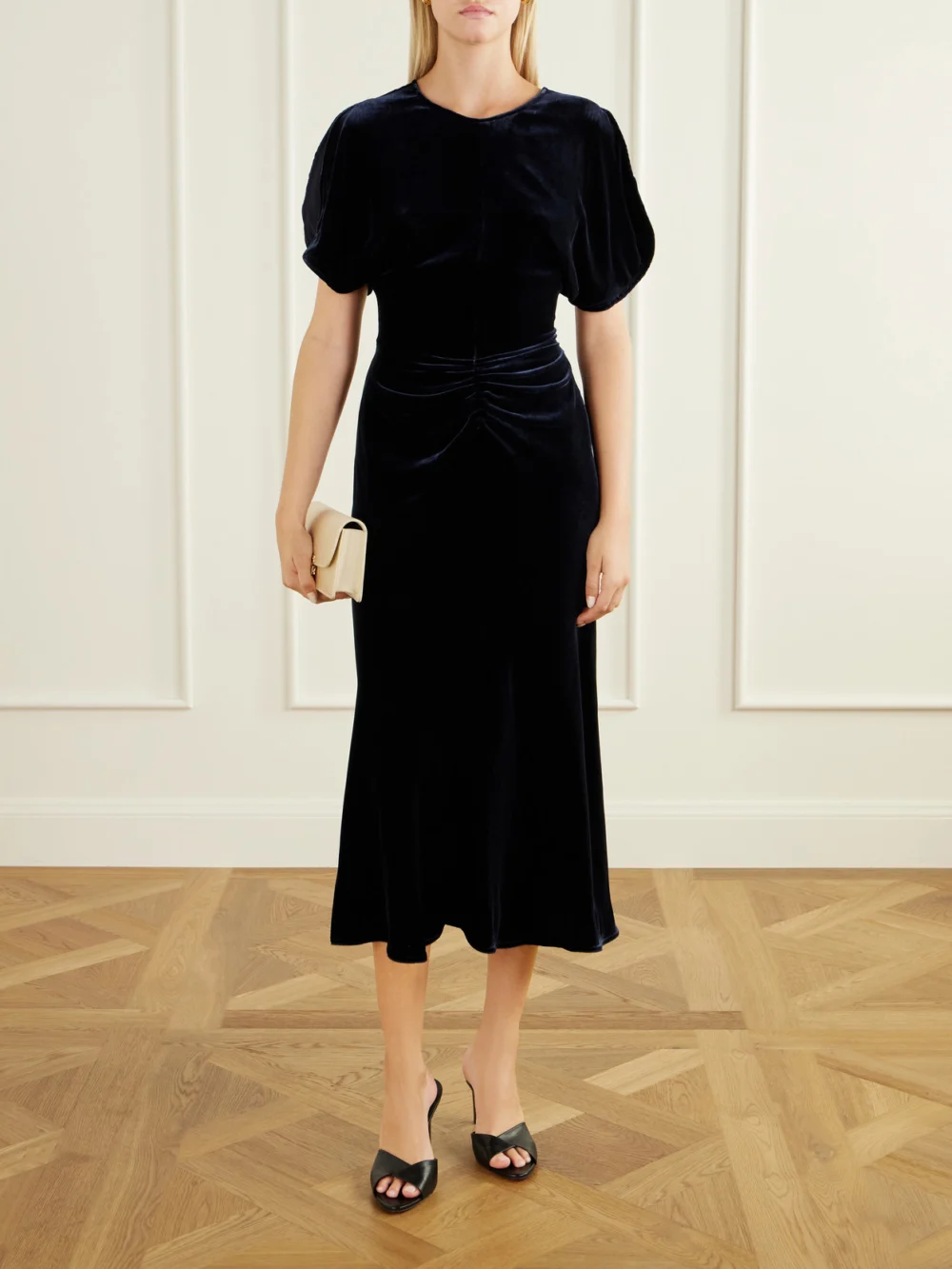 Victoria Beckham Bela Gathered Velvet Midi Dress, worn by a model