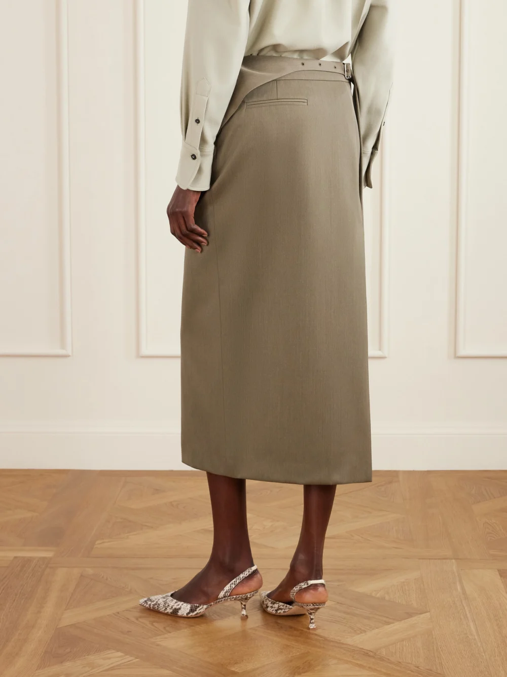 Back view of the Victoria Beckham Belted Wool-blend Twill Midi Skirt
