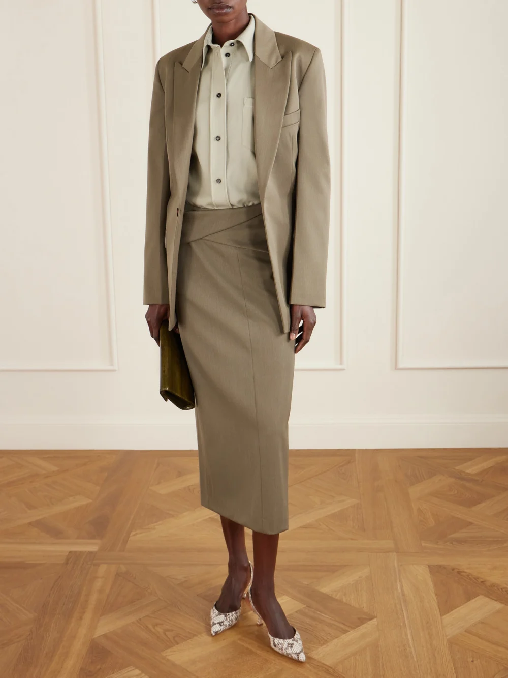 Victoria Beckham Belted Wool-blend Twill Midi Skirt, worn by a model