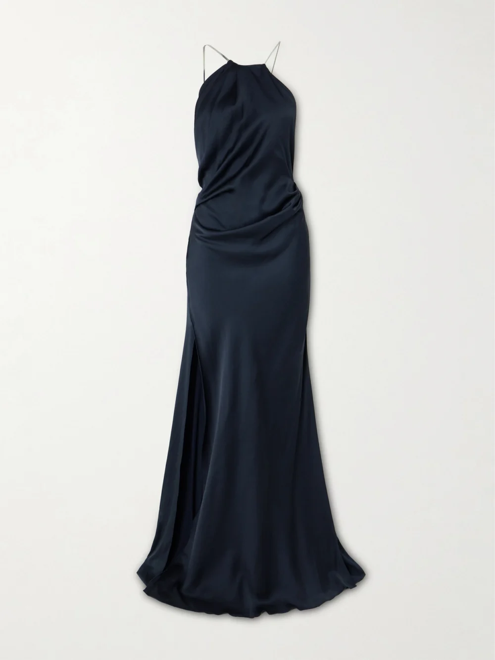 Victoria Beckham Chain-embellished Draped Satin Halterneck Gown in navy