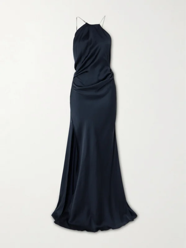 Victoria Beckham Chain-embellished Draped Satin Halterneck Gown