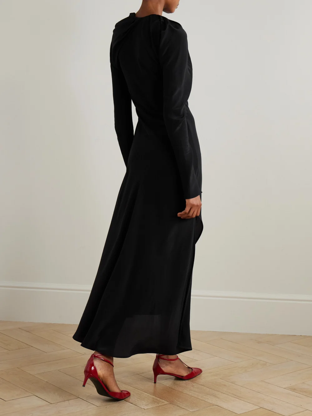 Back view of the Victoria Beckham Chain-embellished Draped Silk Midi Dress